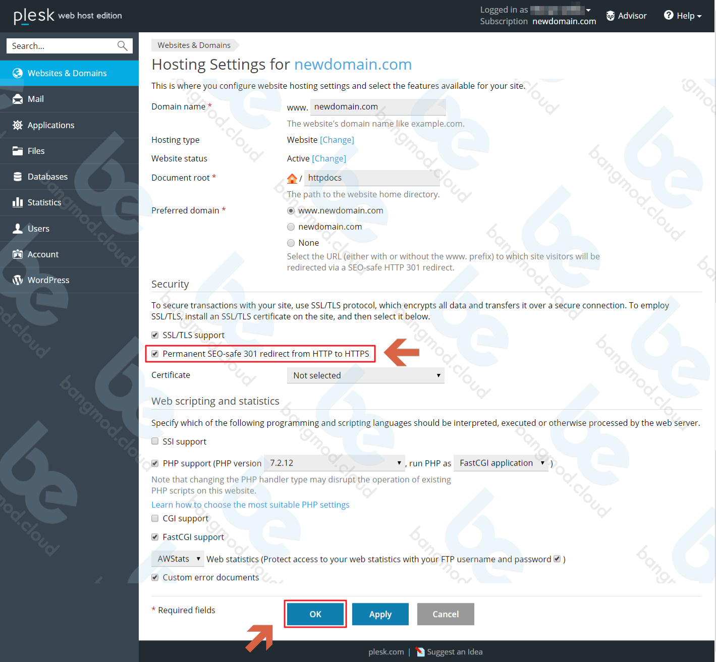 วิธีการ Forward HTTP เป็น HTTPS บน Plesk - Bangmod Knowledge Base