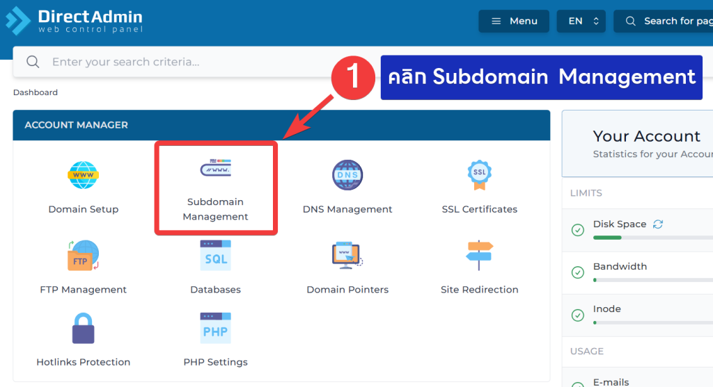 วิธีการเพิ่ม Subdomain ผ่าน DirectAdmin Control Panel - Bangmod ...